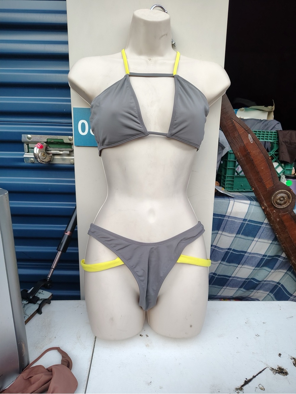 Gray & Yellow Contrast Triangle Bikini - Women Swim
